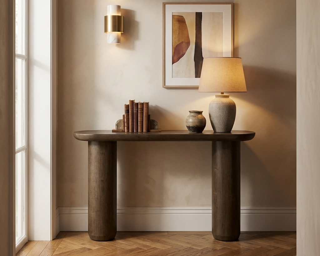 Modern interior with a wooden console table, lamp, and decor items against a beige wall.