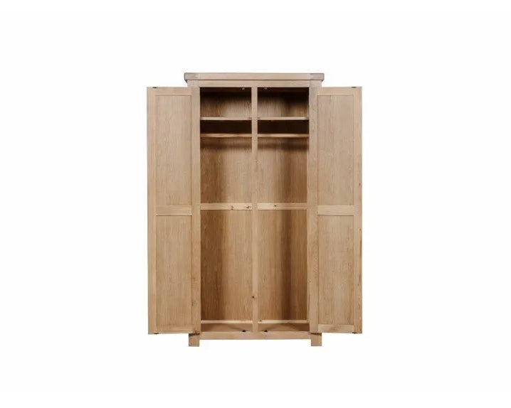 Wooden wardrobe with open doors on a white background