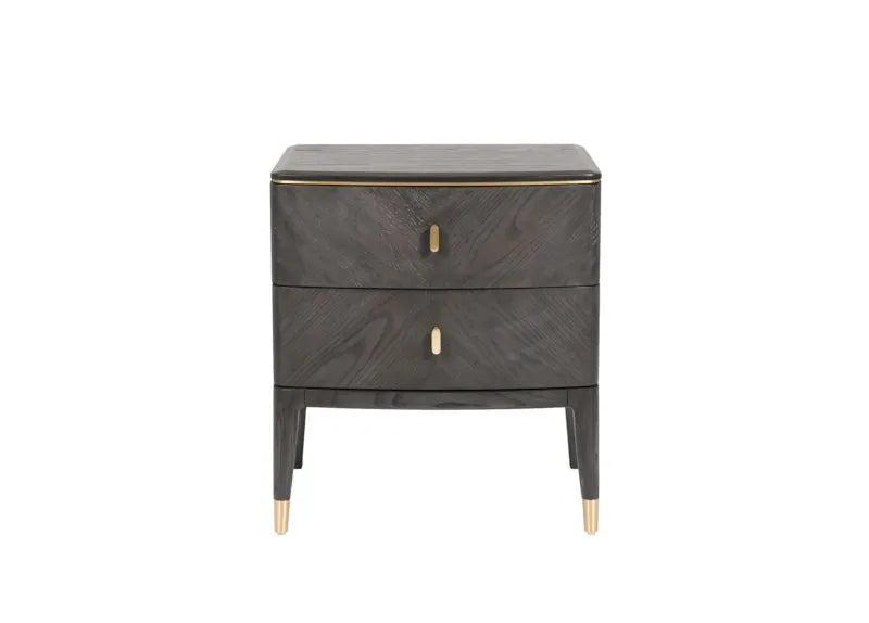 Dark wooden nightstand with two drawers on a white background