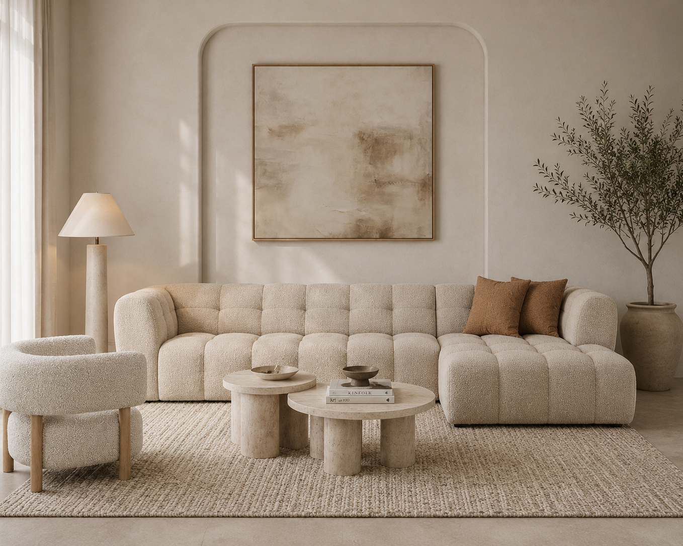 modern living area with elio chaise sofa in beige fabric