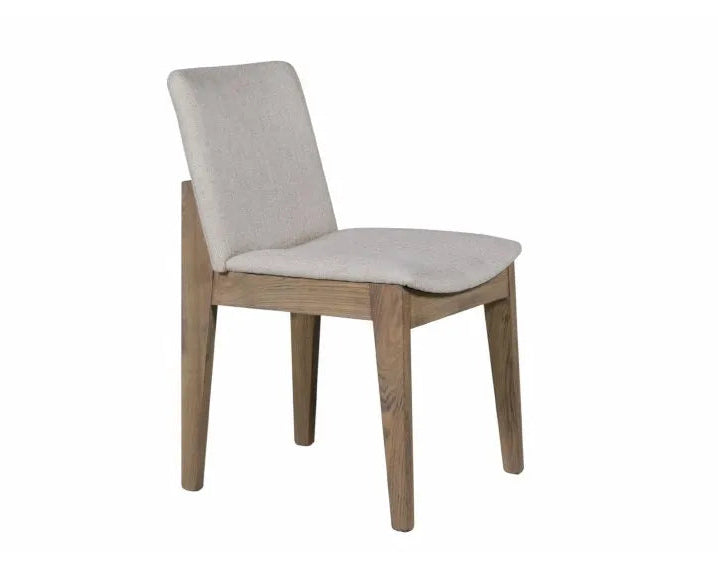 Chair with wooden frame and light gray cushion on a white background