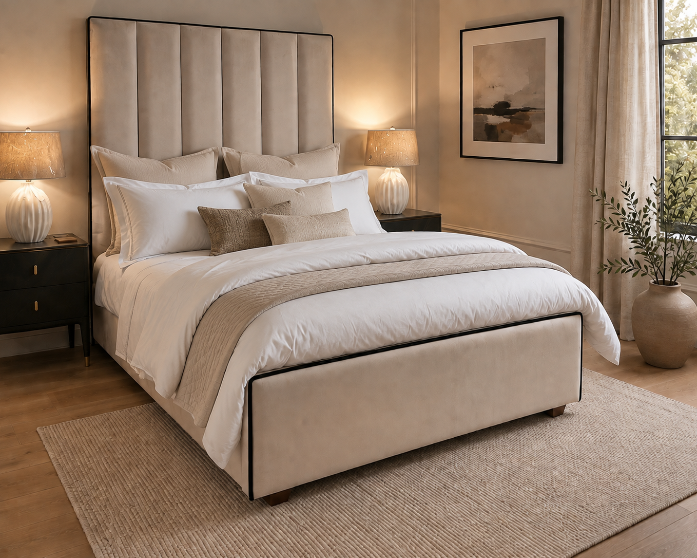 Monaco cream upholstered bed frame with black piping and tall channelled headboard