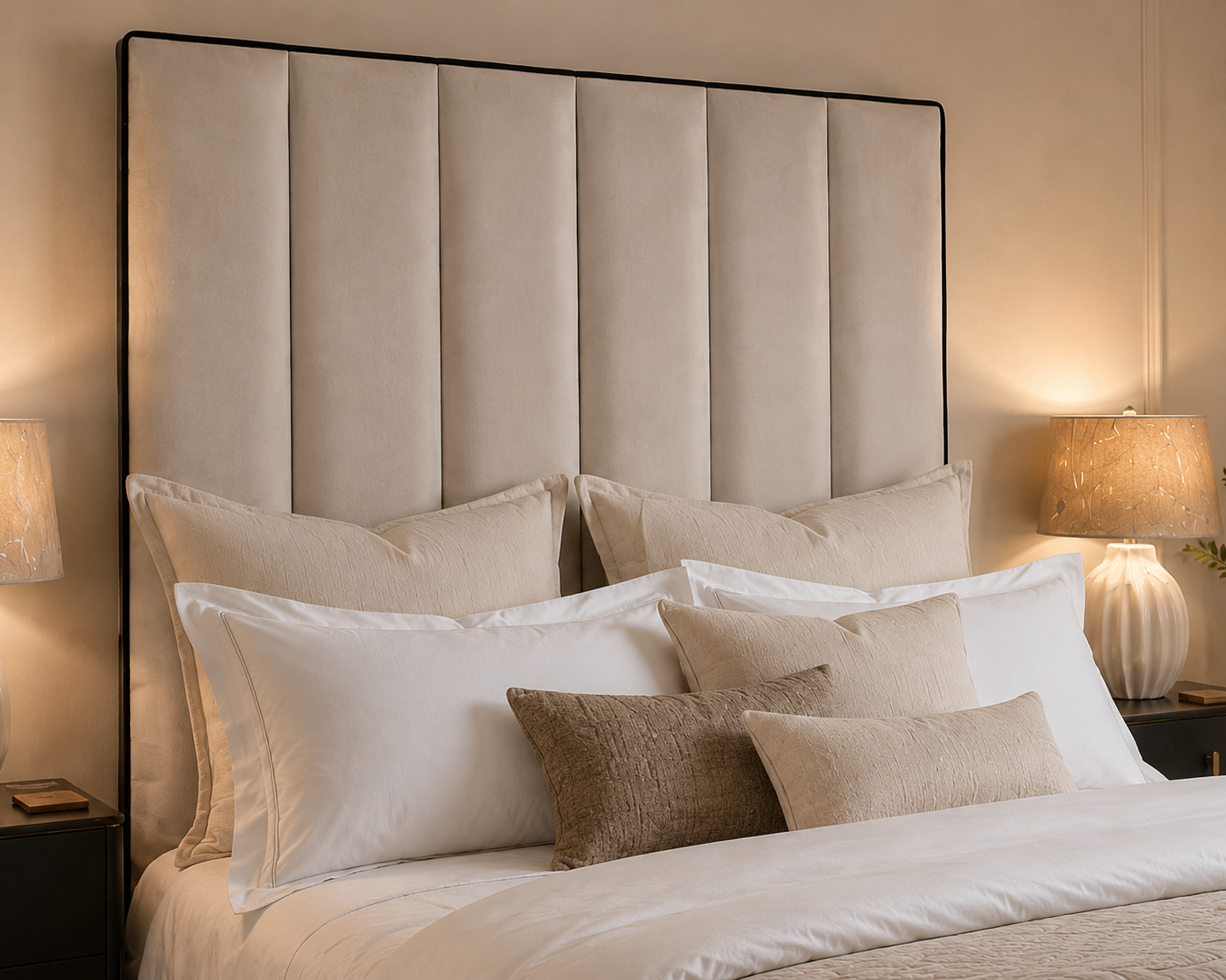 Monaco upholstered bed tall cream channelled headboard with black piping