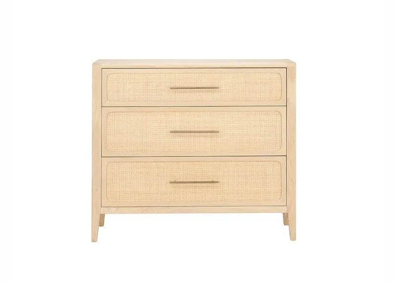 Beige rattan-style dresser with three drawers on a white background