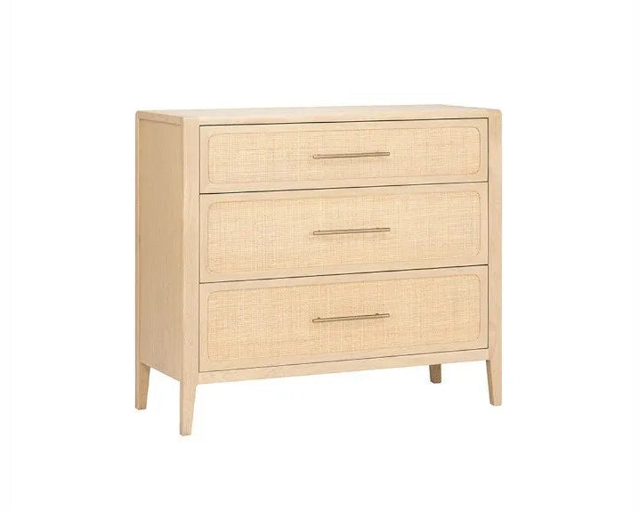 Beige three-drawer dresser on a white background