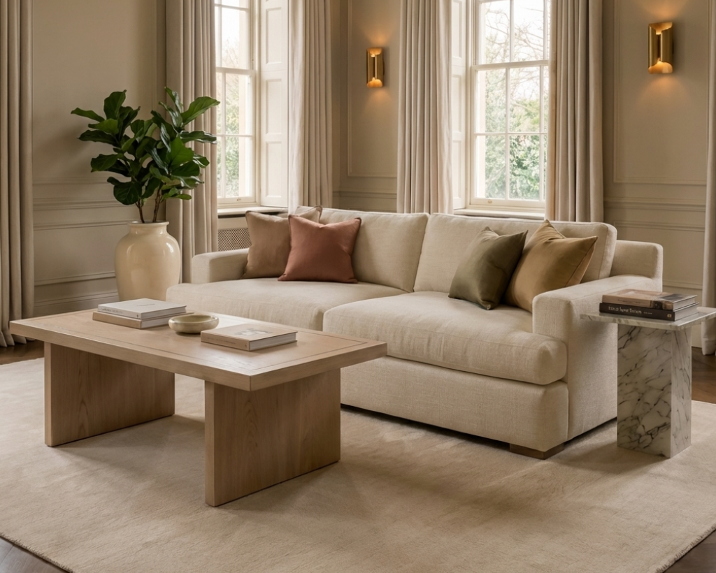Modern living room with a beige sectional sofa, wooden coffee table, and decorative pillows.