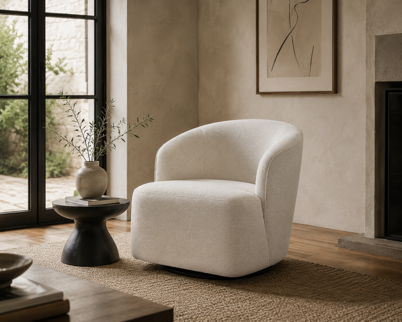 Aira Off-White Swivel Chair by KŌSH styled in a neutral living space