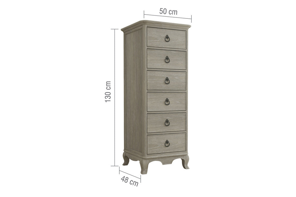 Gray tall dresser with dimensions labeled on a white background