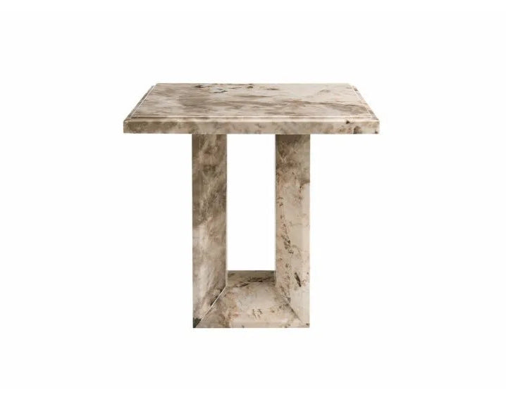 side view of marble effect lamp table in warm mocha tones with high gloss finish