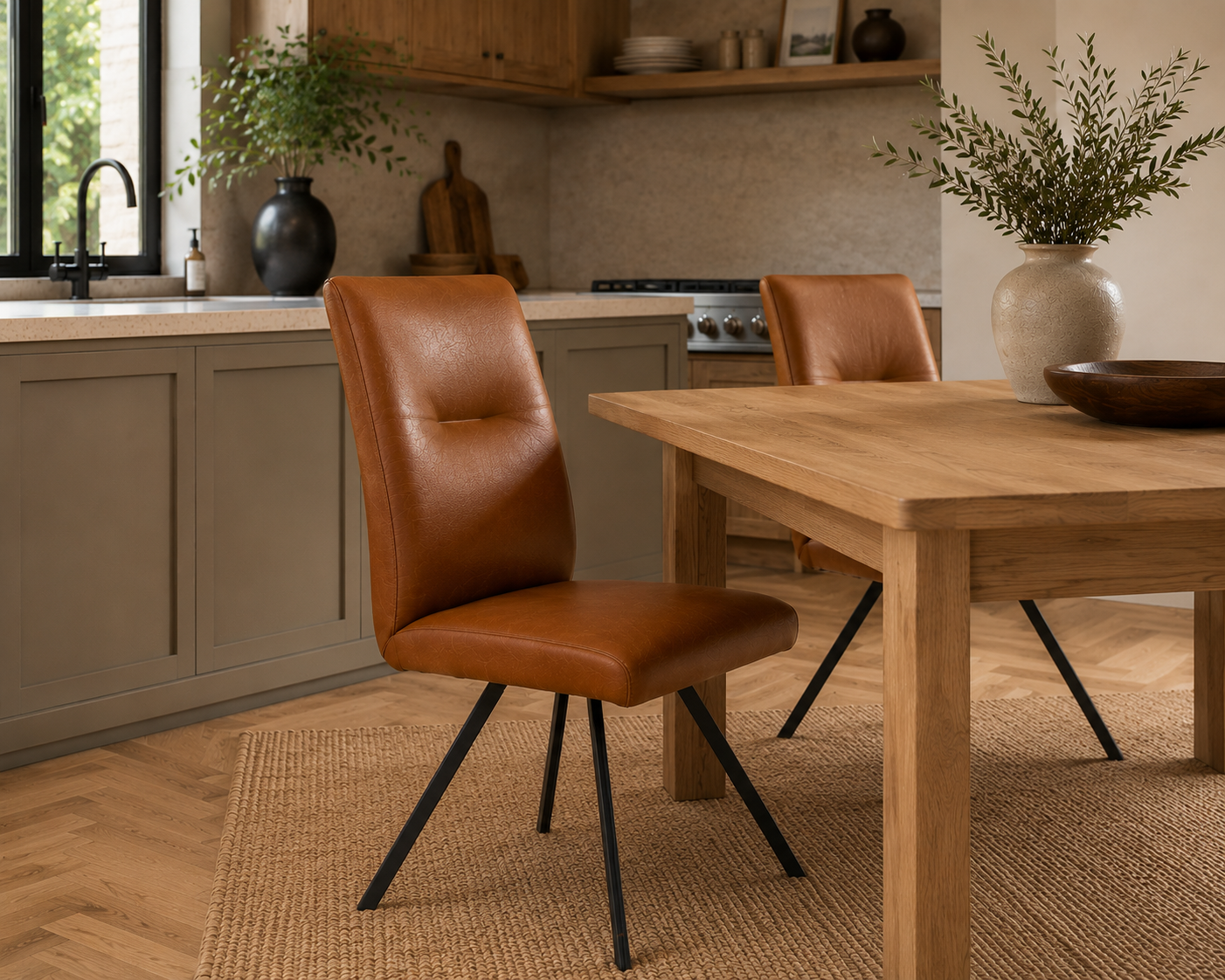 Dining area with wooden table and brown leather chairs in a kitchen setting.