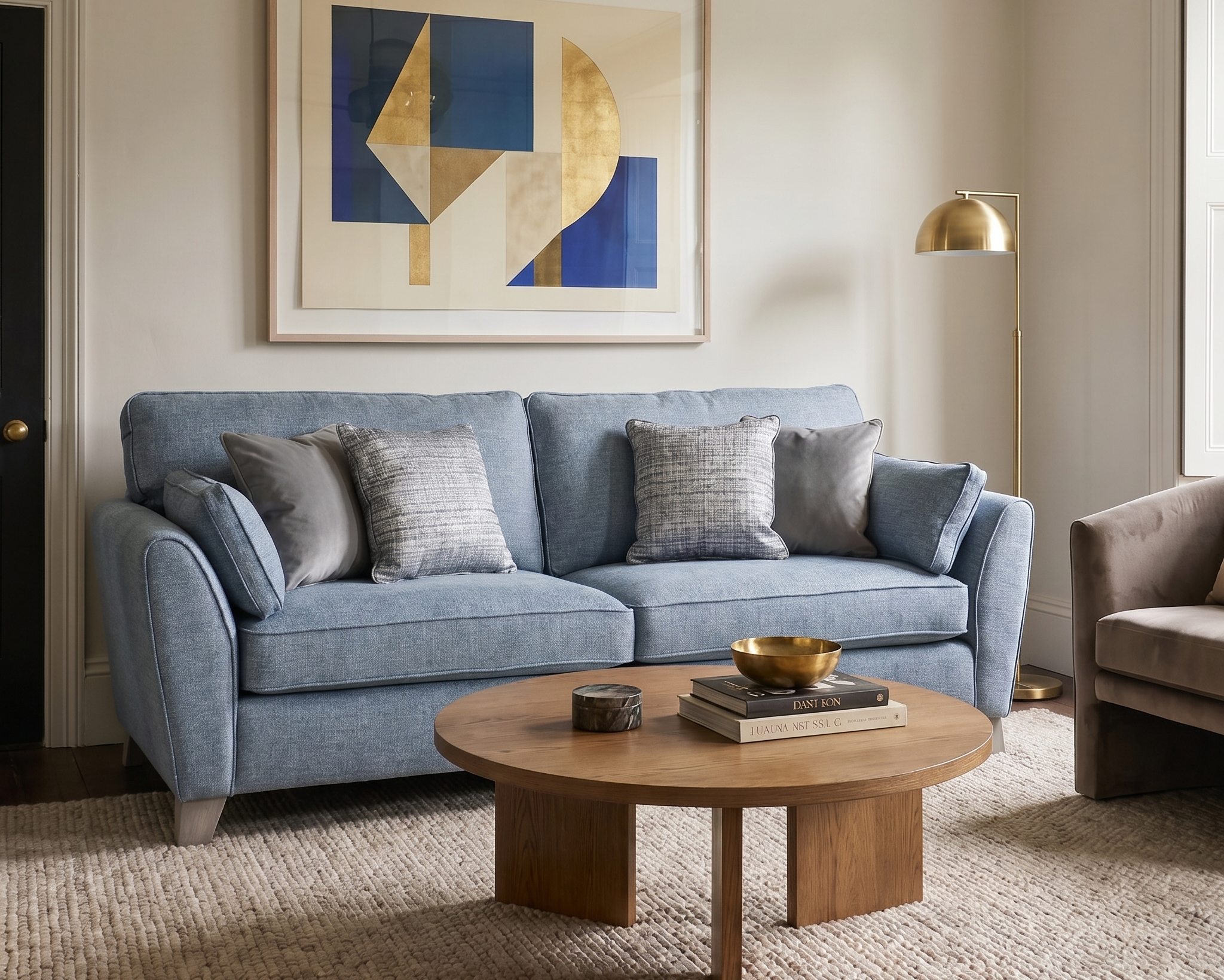 Blue Cantrell sofa styled in modern living room with wooden coffee table