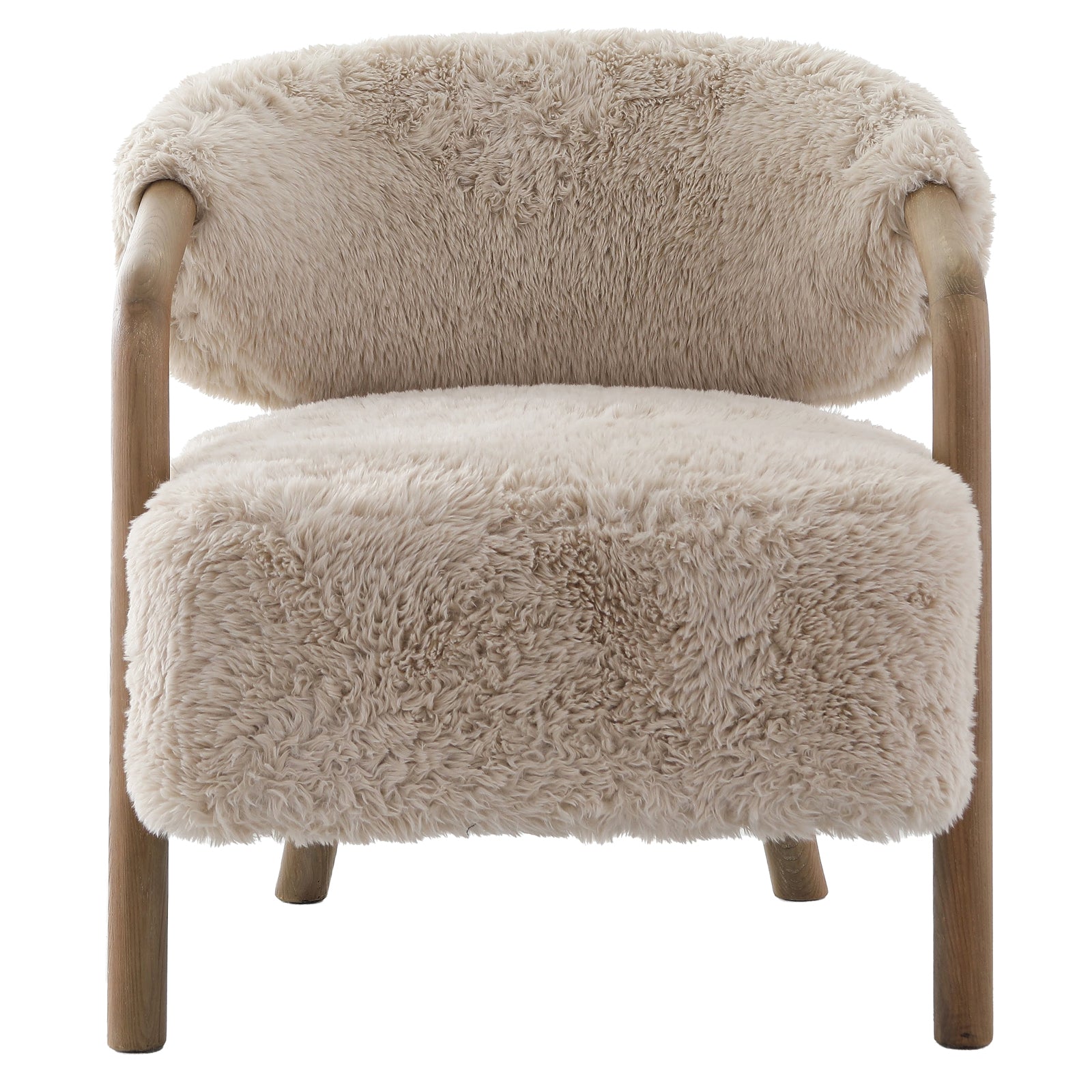 Chair with fluffy beige cushion and wooden frame on a white background