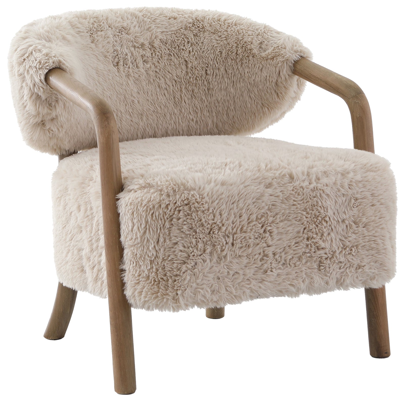 Chair with fluffy beige upholstery and wooden frame on a white background