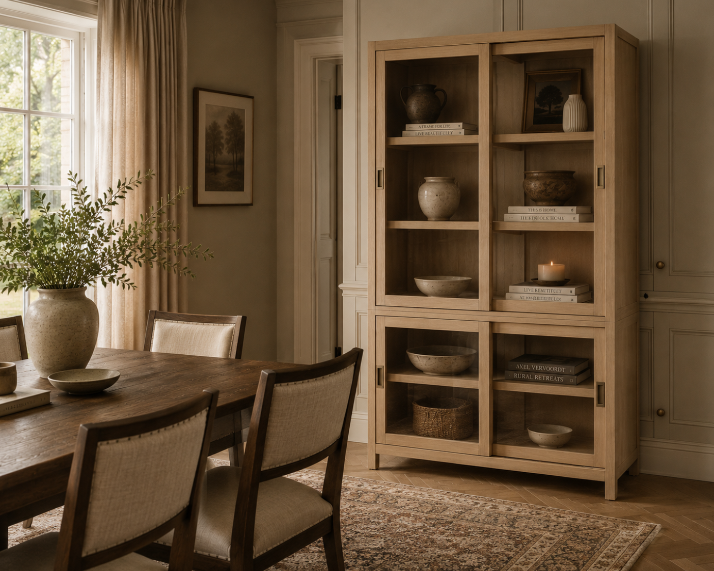 Dining room with wooden table and chairs, and a tall wooden bookshelf.