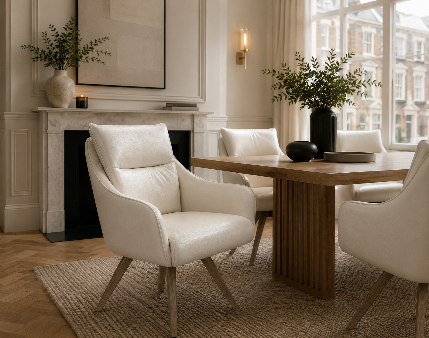 Modern dining room with white chairs, wooden table, and decorative elements.