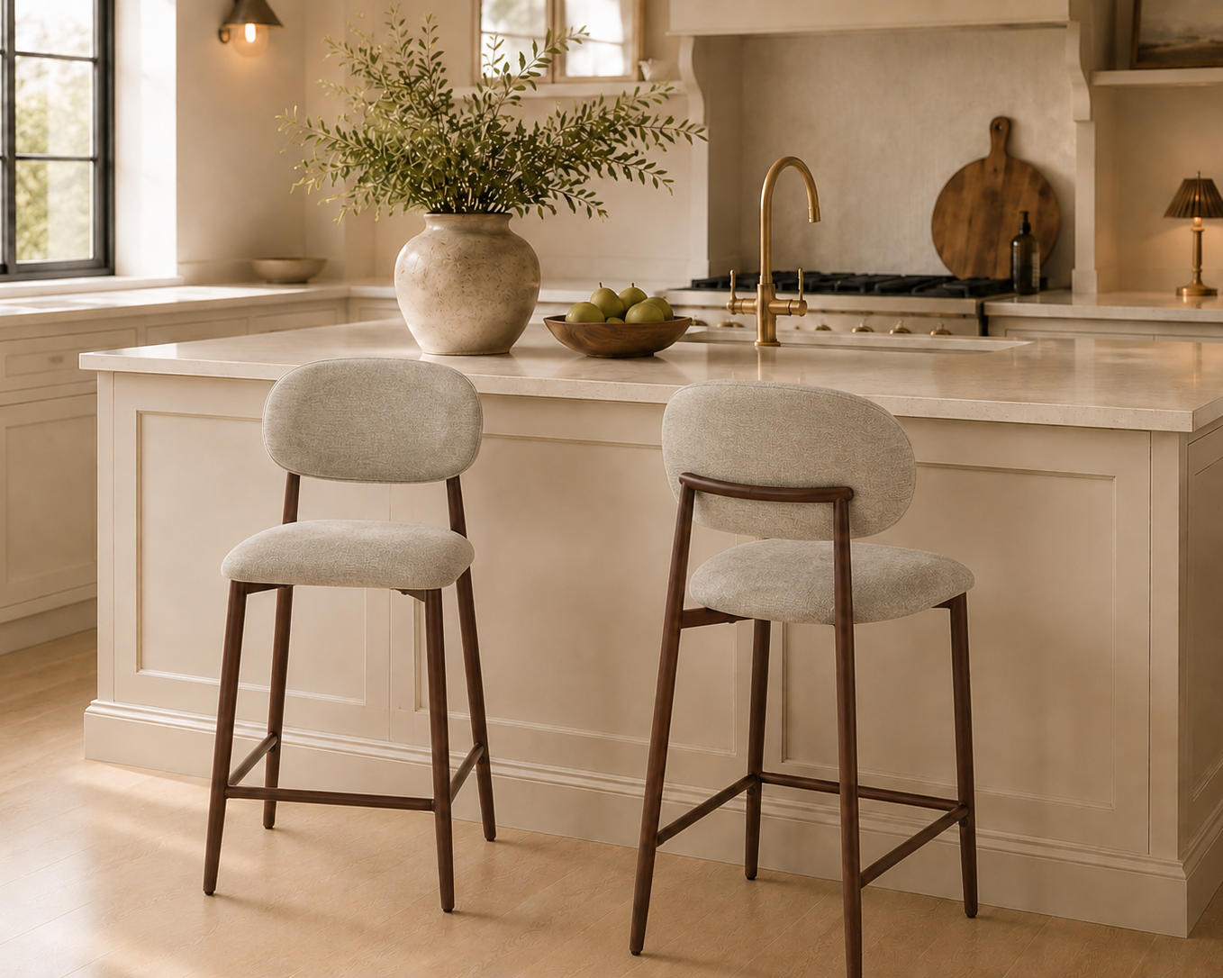 Etta Counter Chair in Alabaster fabric with wooden frame