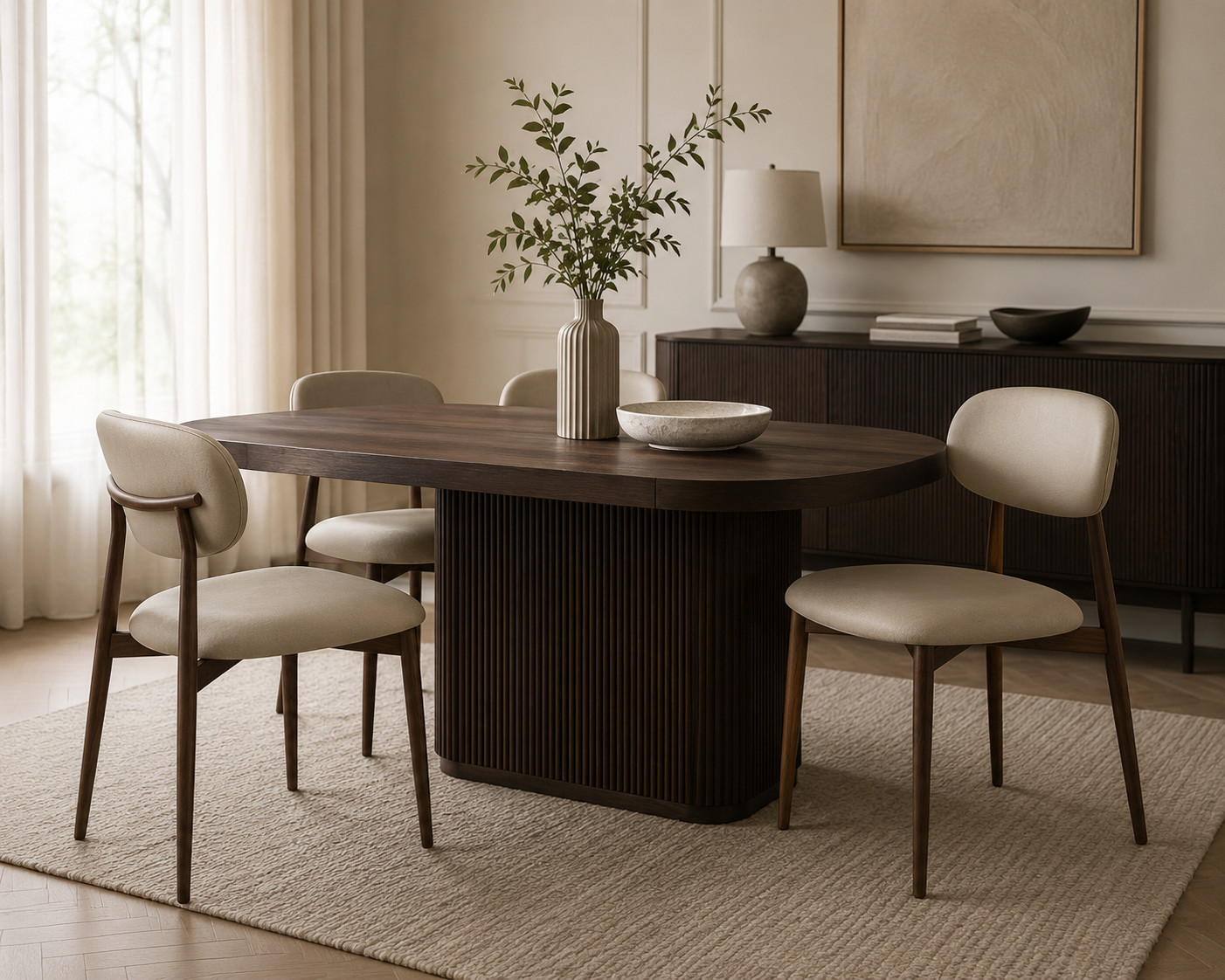 Etta taupe PU leather dining chairs arranged around a dark wood dining table