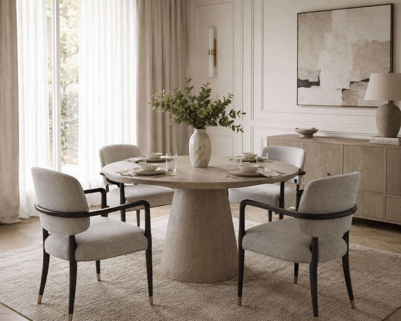 Harmony Round Dining Table by Hooker Furniture styled in a contemporary dining room