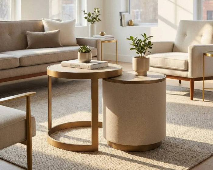 Modern living room with round coffee table, chairs, and decor.