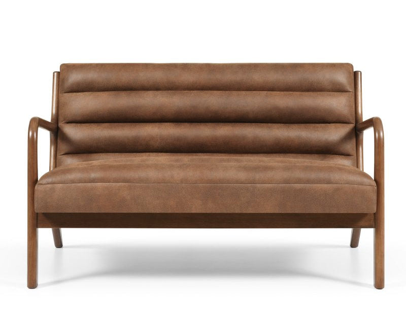 A mid-century modern loveseat sofa with brown leather upholstery and curved wooden arms and legs, shown from a front-facing perspective on a white background.