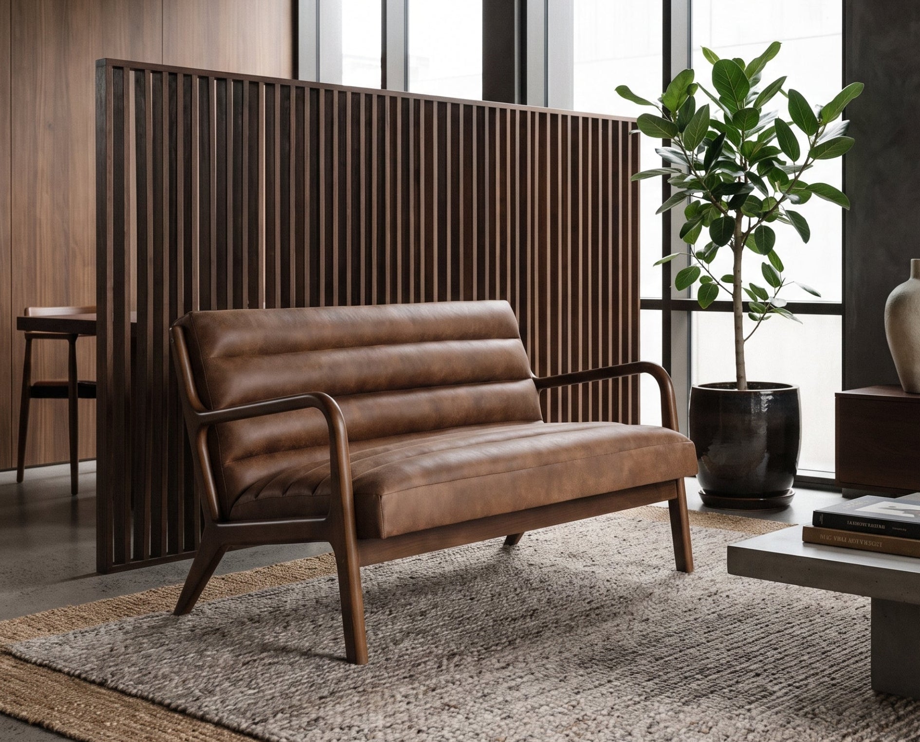 A mid-century modern two-seater loveseat in brown leather and wood, styled in a contemporary living room setting with a slatted wooden screen, coffee table, and potted plant.