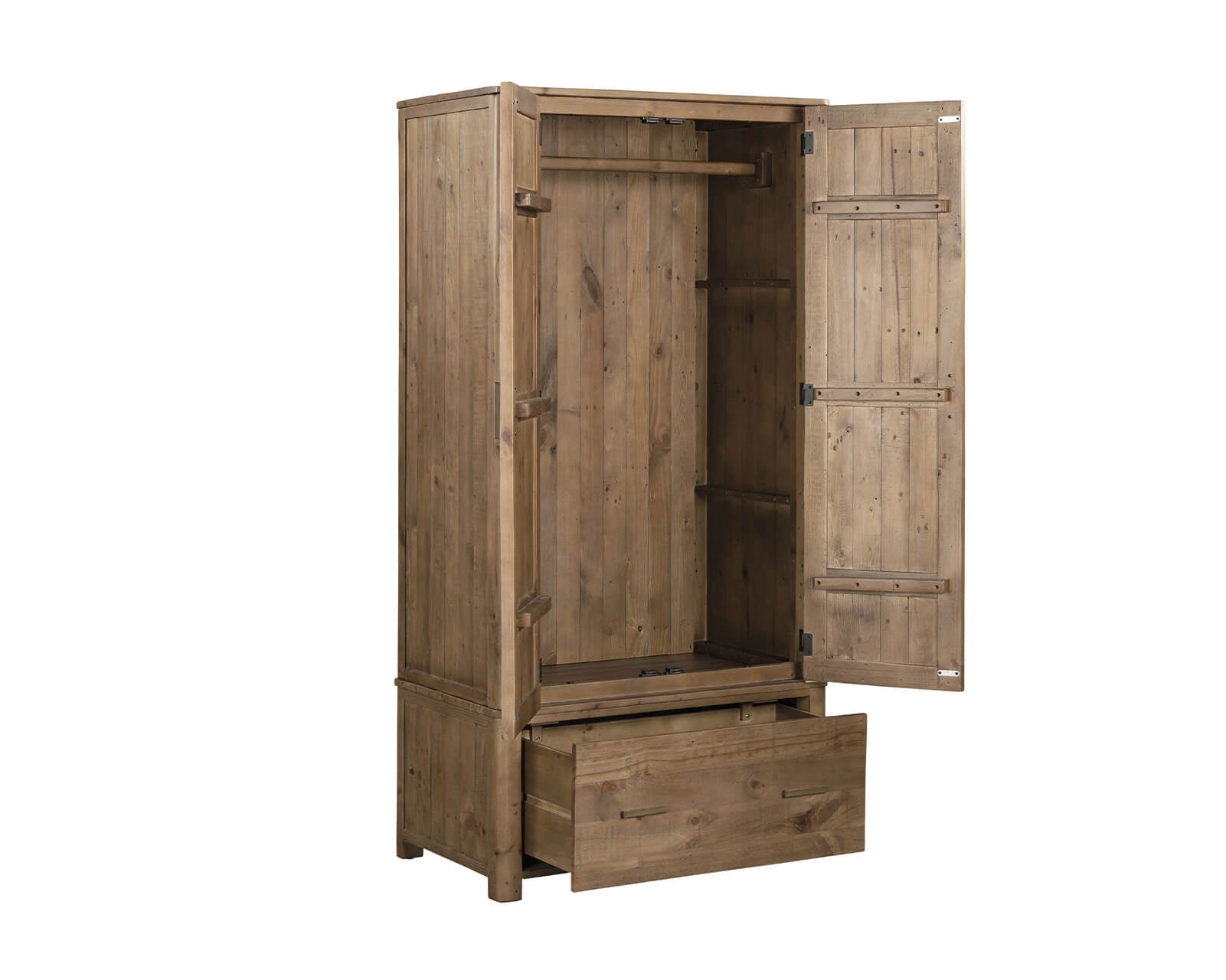 Inola reclaimed pine wardrobe open with hanging rail and lower drawer