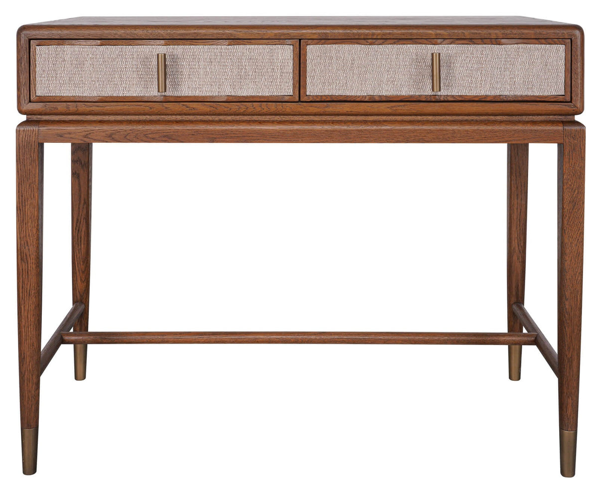 Front view of the Keiichi Birdlip console table featuring two textured drawers, warm oak finish and metal-capped feet