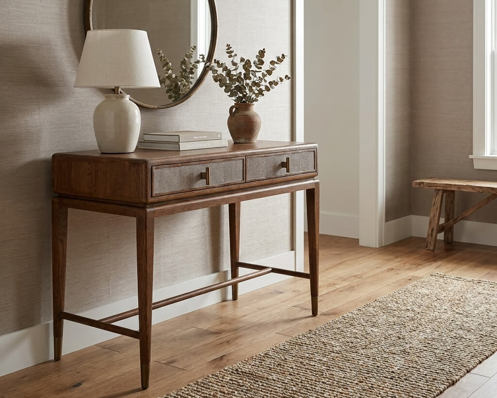 Keiichi Birdlip oak console table styled in a warm neutral hallway with a ceramic lamp, round mirror and decorative accessories