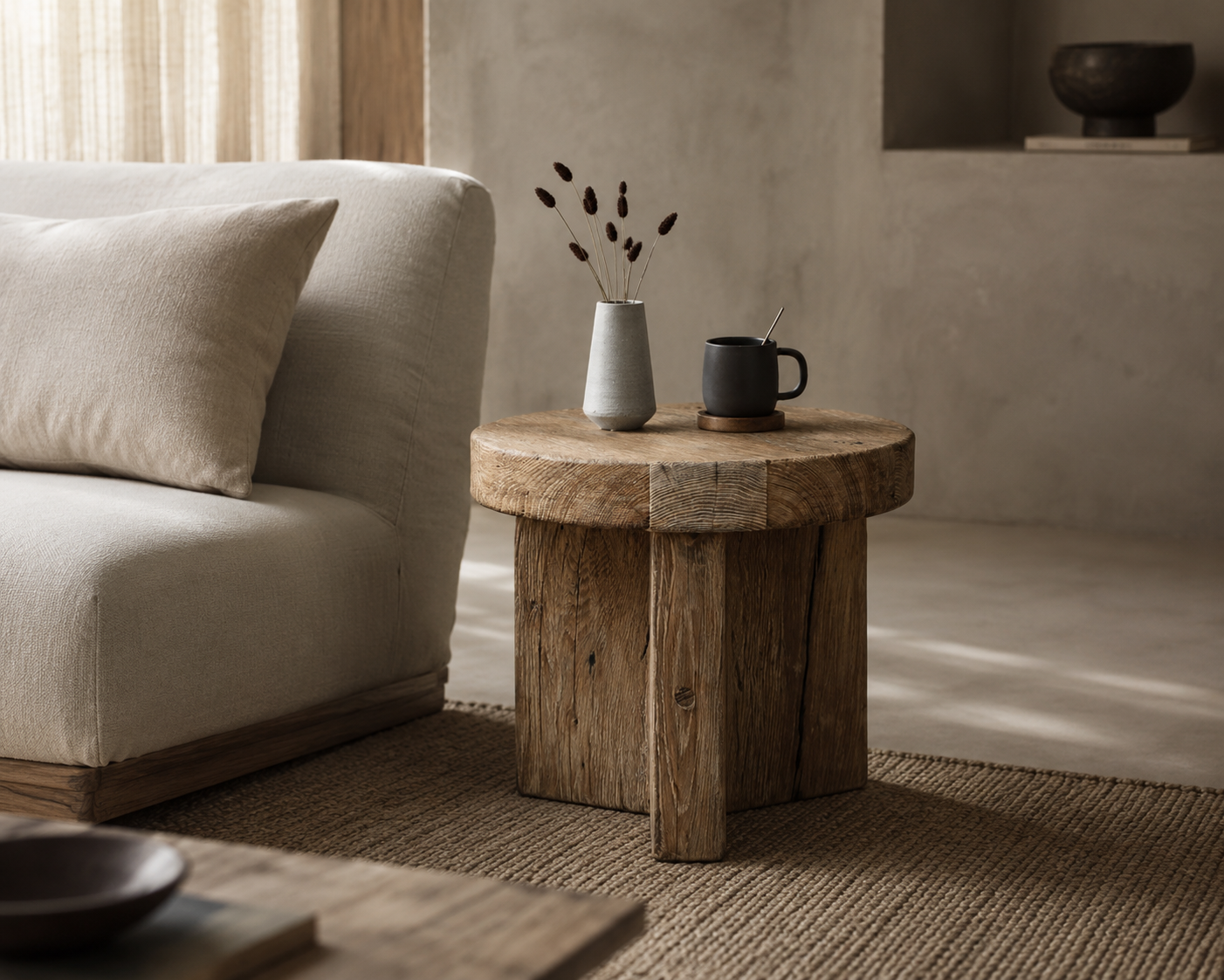Keiichi Reclaimed Oak Round Side Table styled in a contemporary interior