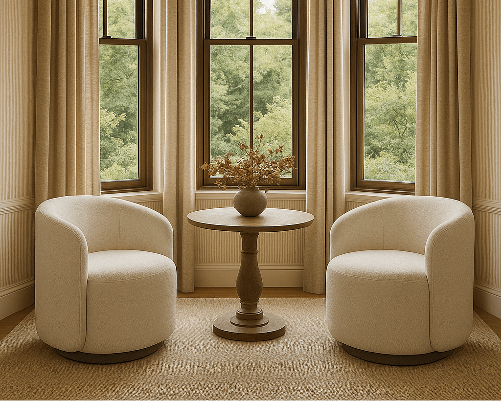 Two white armchairs with a small round table in front of large windows with beige curtains.