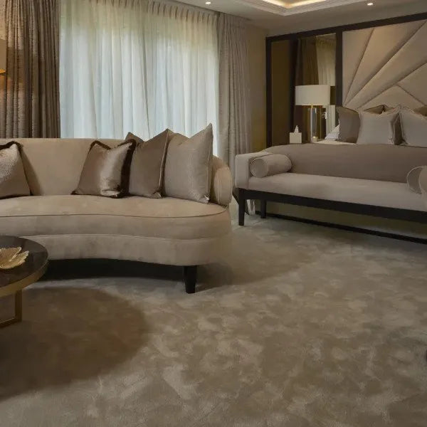 Lusso deep-pile velvet carpet fitted in an elegant neutral bedroom and sitting area