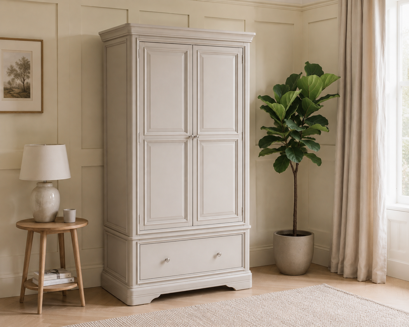 Mabel Taupe 2 Door Wardrobe styled in a neutral bedroom