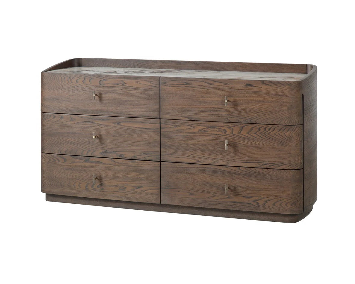 A six-drawer wooden dresser with a dark brown finish and small metal knobs, shown on a plain white background.