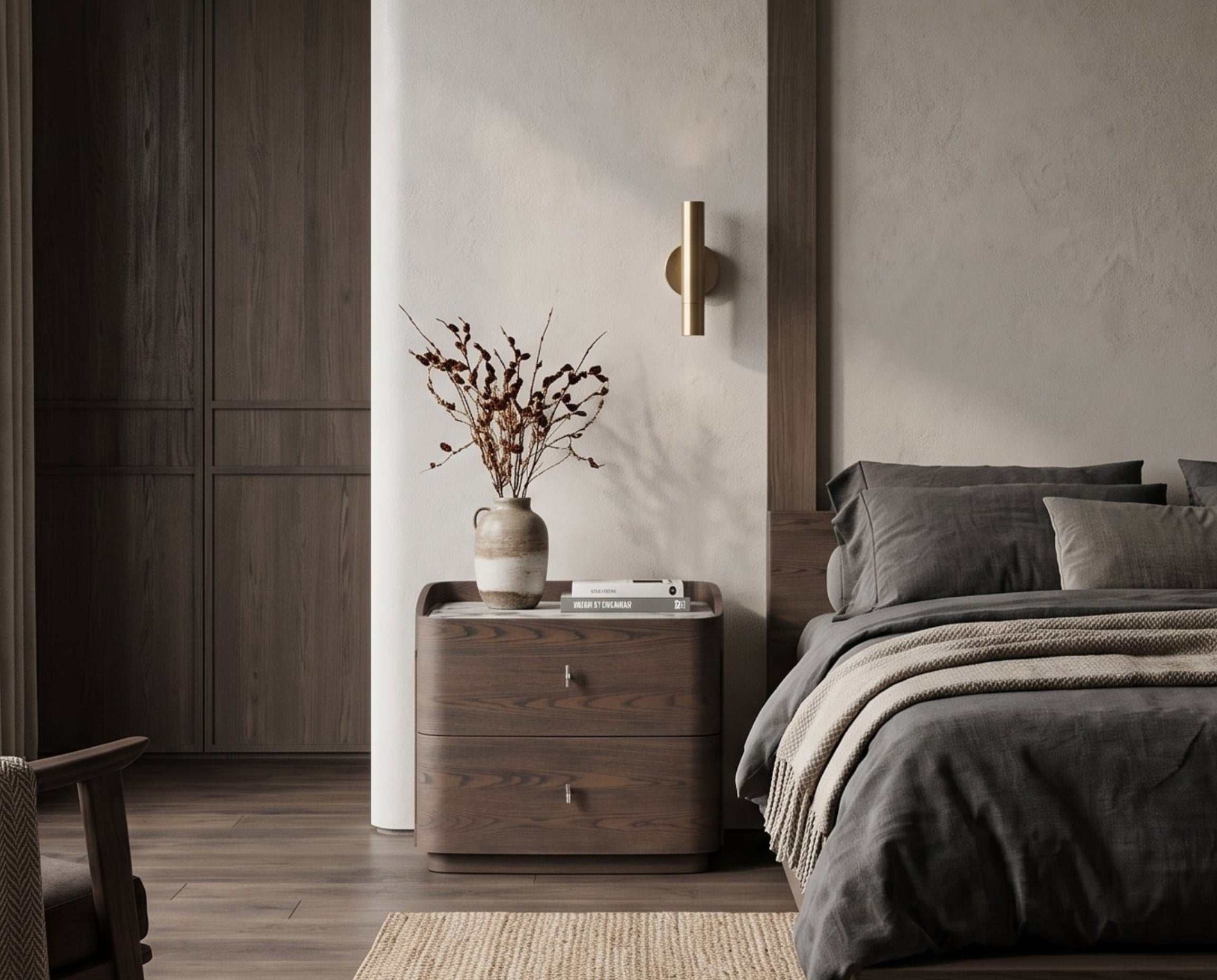 A modern bedroom interior featuring a bed dressed in dark charcoal bedding, a textured beige rug, a wooden nightstand with a vase of branches, and a dark armchair near a large window.
