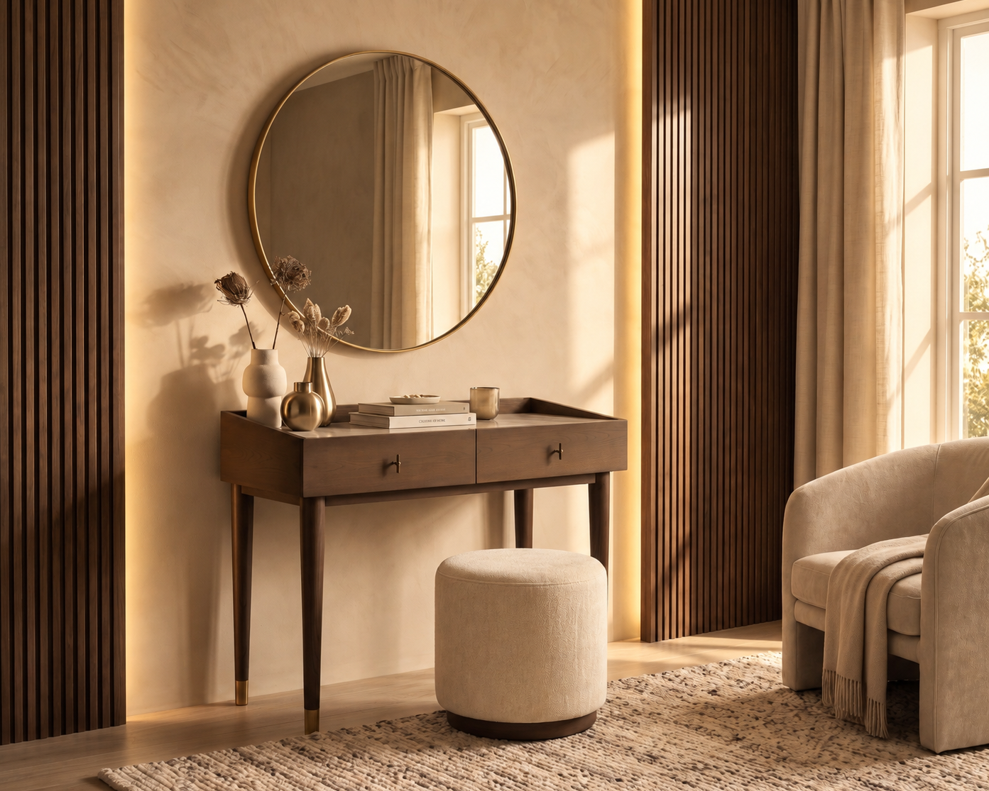 Marlo Dressing Table in smoked wood with stone top styled in a contemporary bedroom