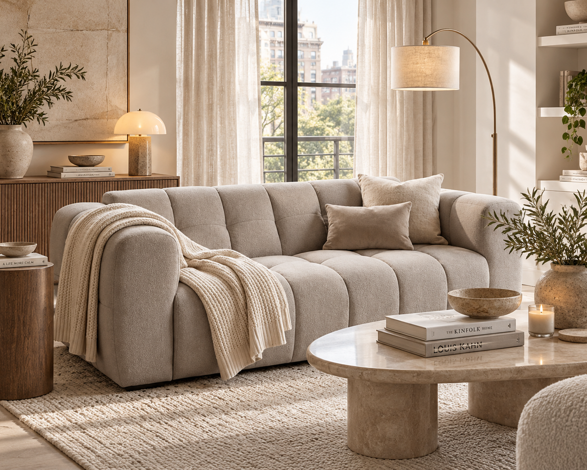 MORA Sofa by The Urban Company in a warm contemporary living room