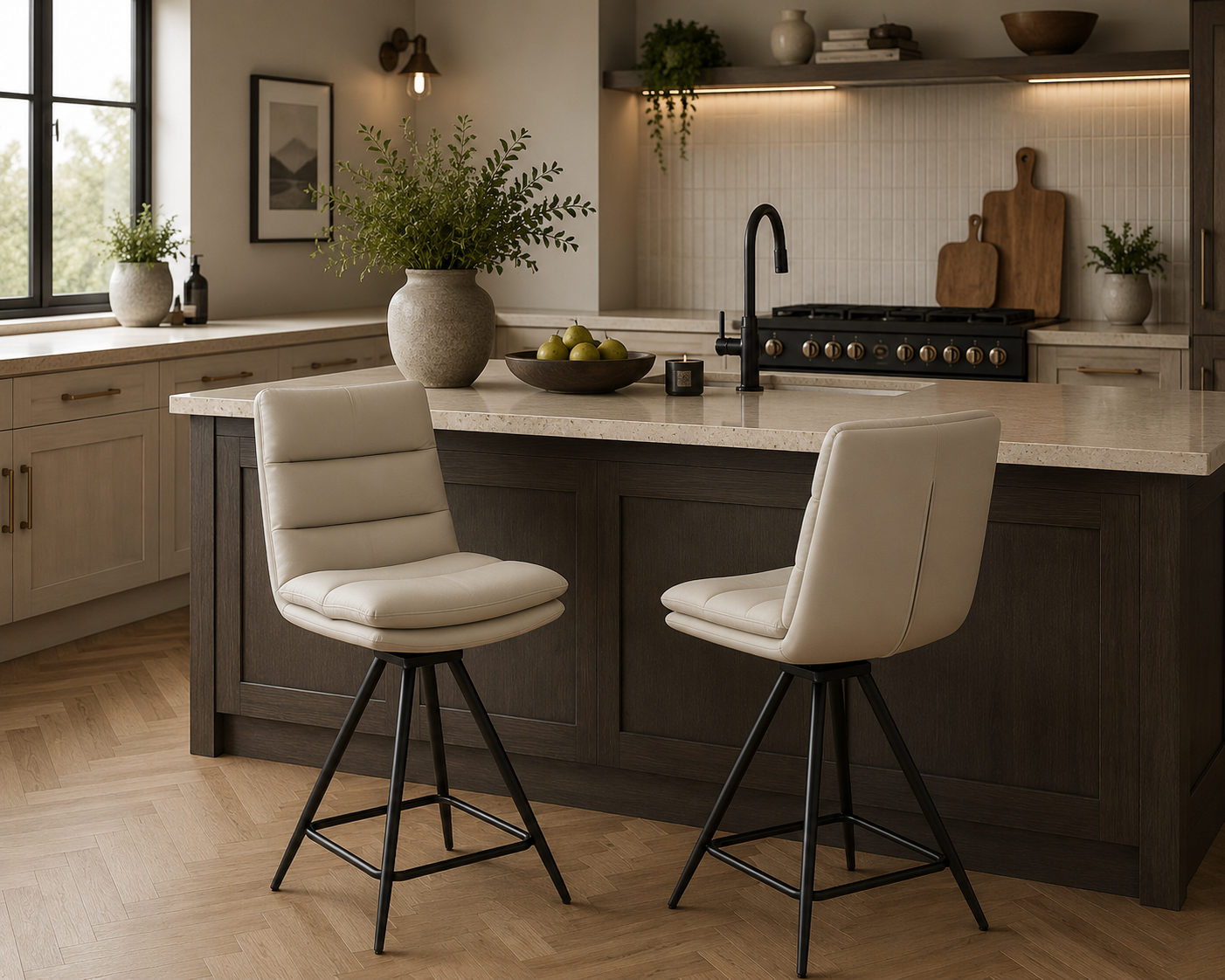 Modern kitchen with island, stools, and decorative elements