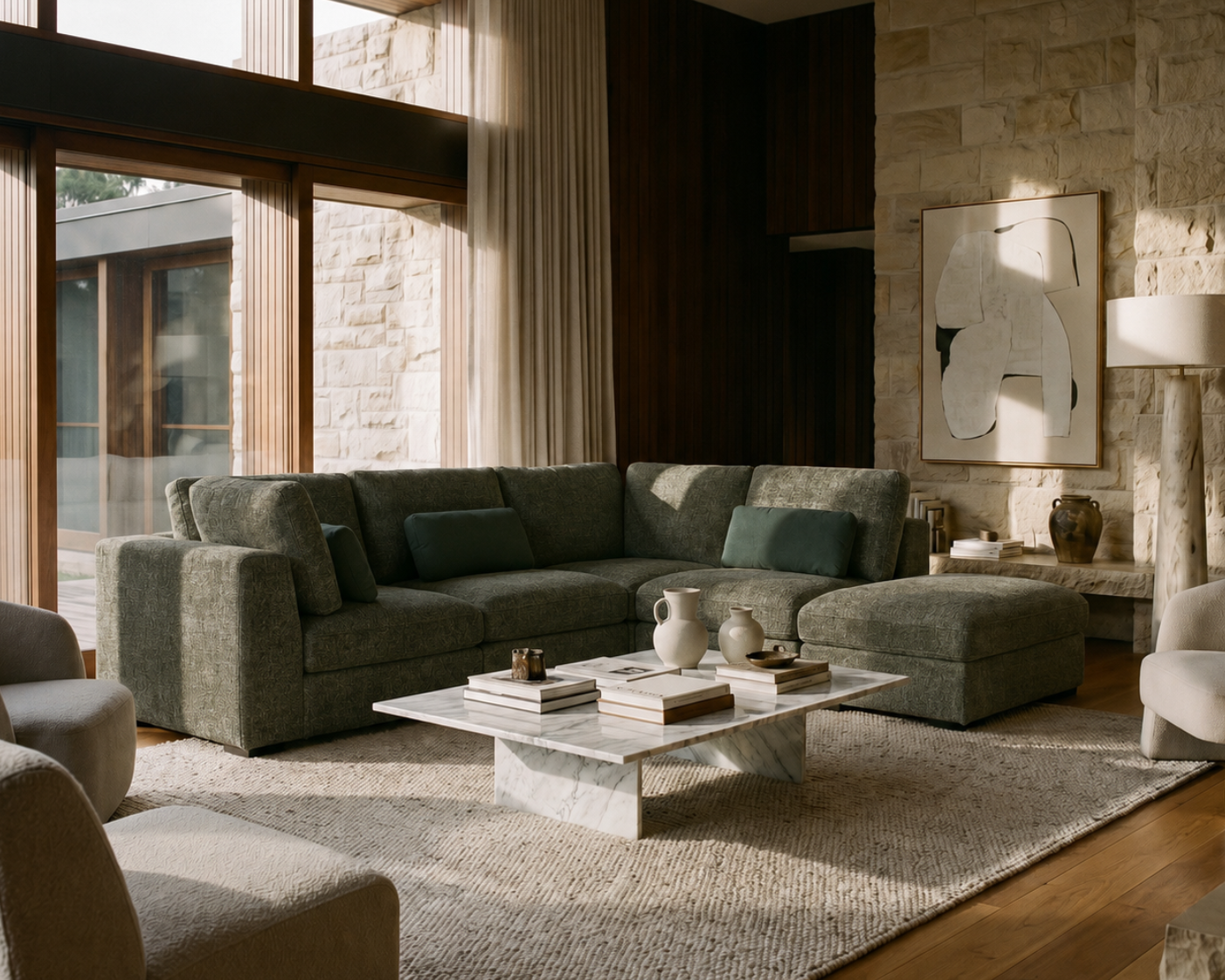 A modern living room featuring a large olive green sectional sofa with a chaise, styled with a marble coffee table, textured area rug, and stone wall accents.