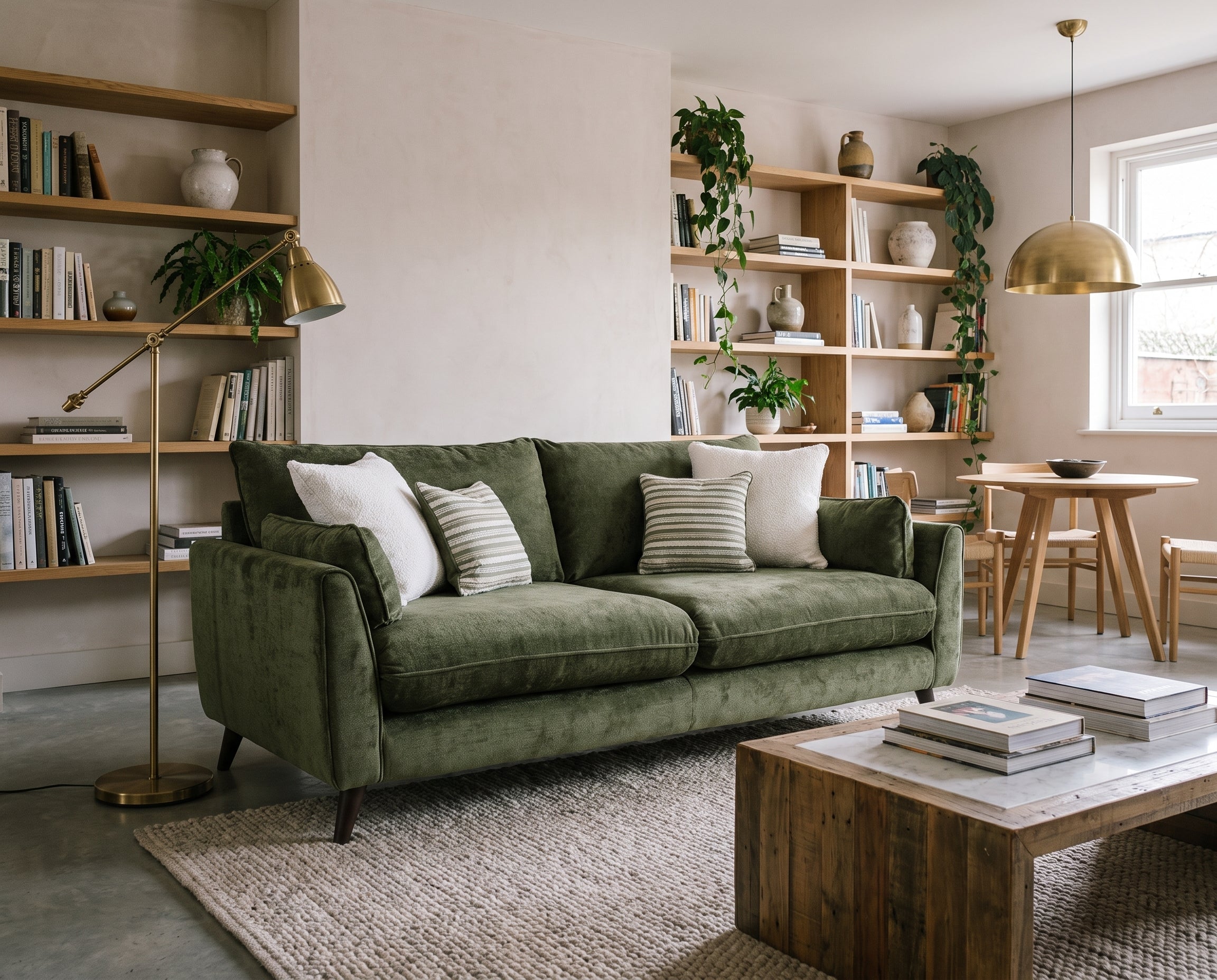 Petra 3 Seater Sofa in green fabric with bolster and scatter cushions