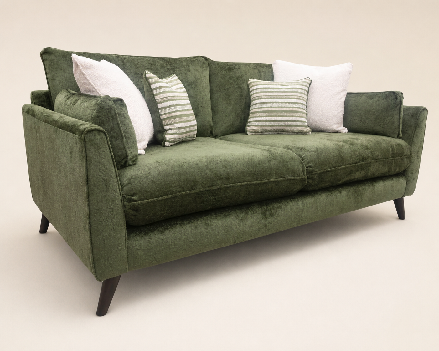 Front view of the Petra 3 Seater green fabric sofa