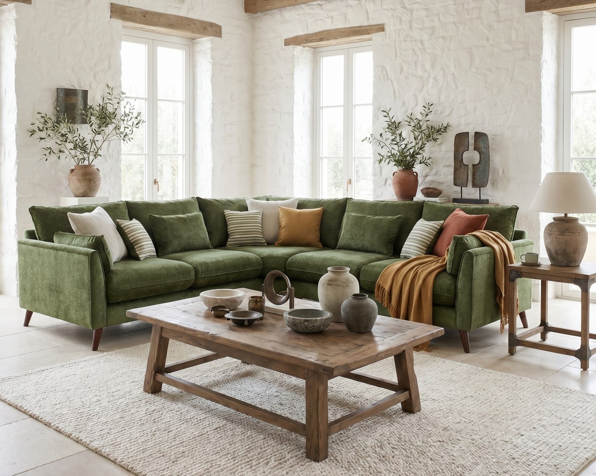 Petra olive corner sofa styled in warm modern living room