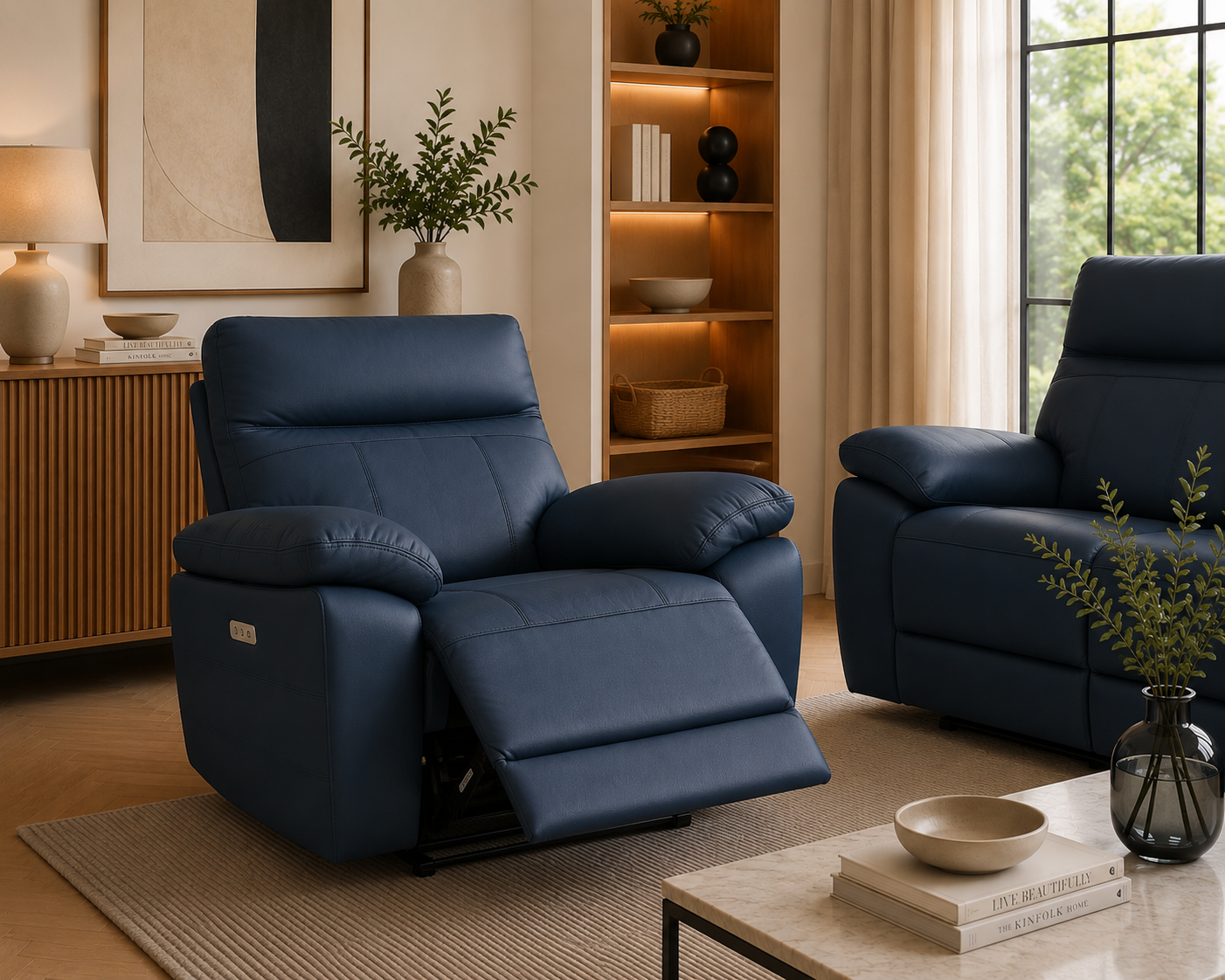 Positano electric recliner chair in indigo blue leather shown fully reclined in a modern living room.