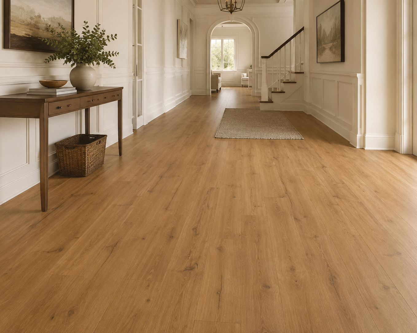 Ranch Oak Plank SPC Flooring in a bright spacious hallway