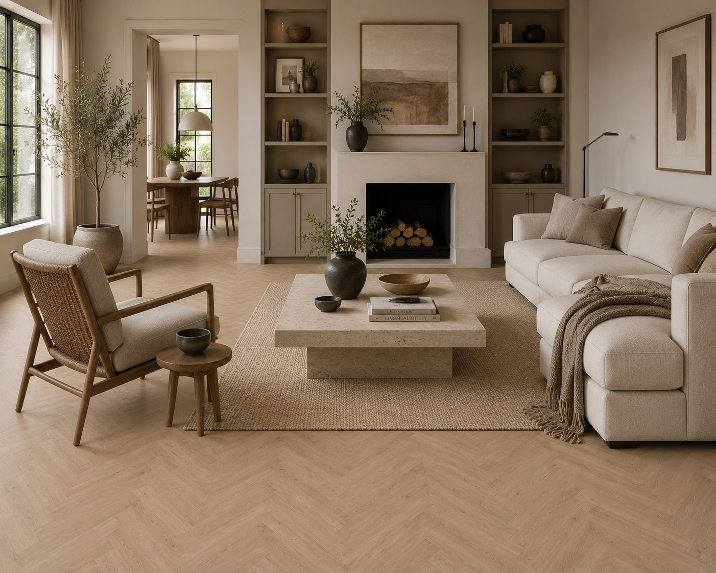 A beautifully styled modern living room featuring light beige herringbone wood flooring, a cream-colored sectional sofa, a woven accent chair, and a low stone coffee table centered on a jute rug.