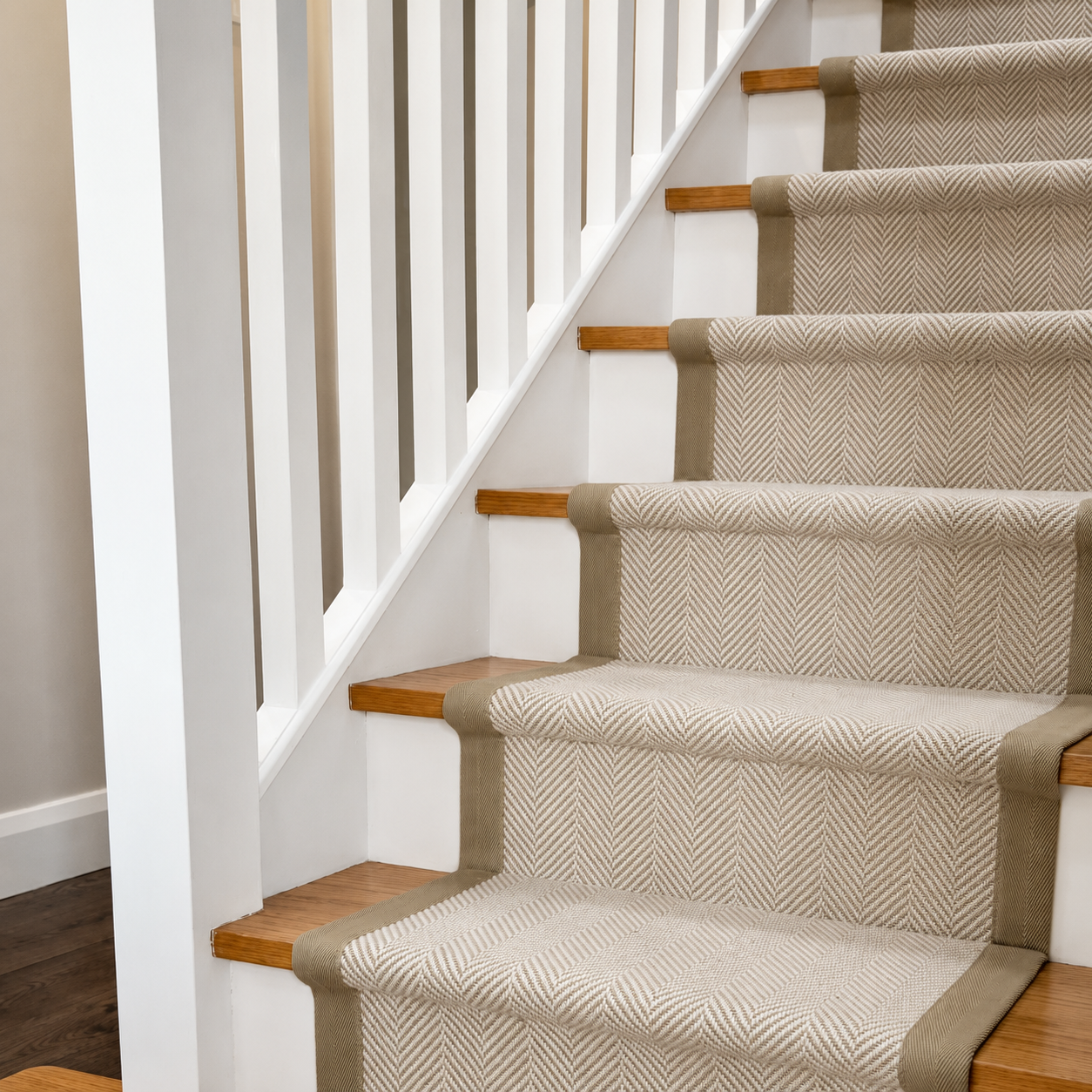 A beige and white herringbone stair runner carpet installed on a wooden staircase with white balusters.
