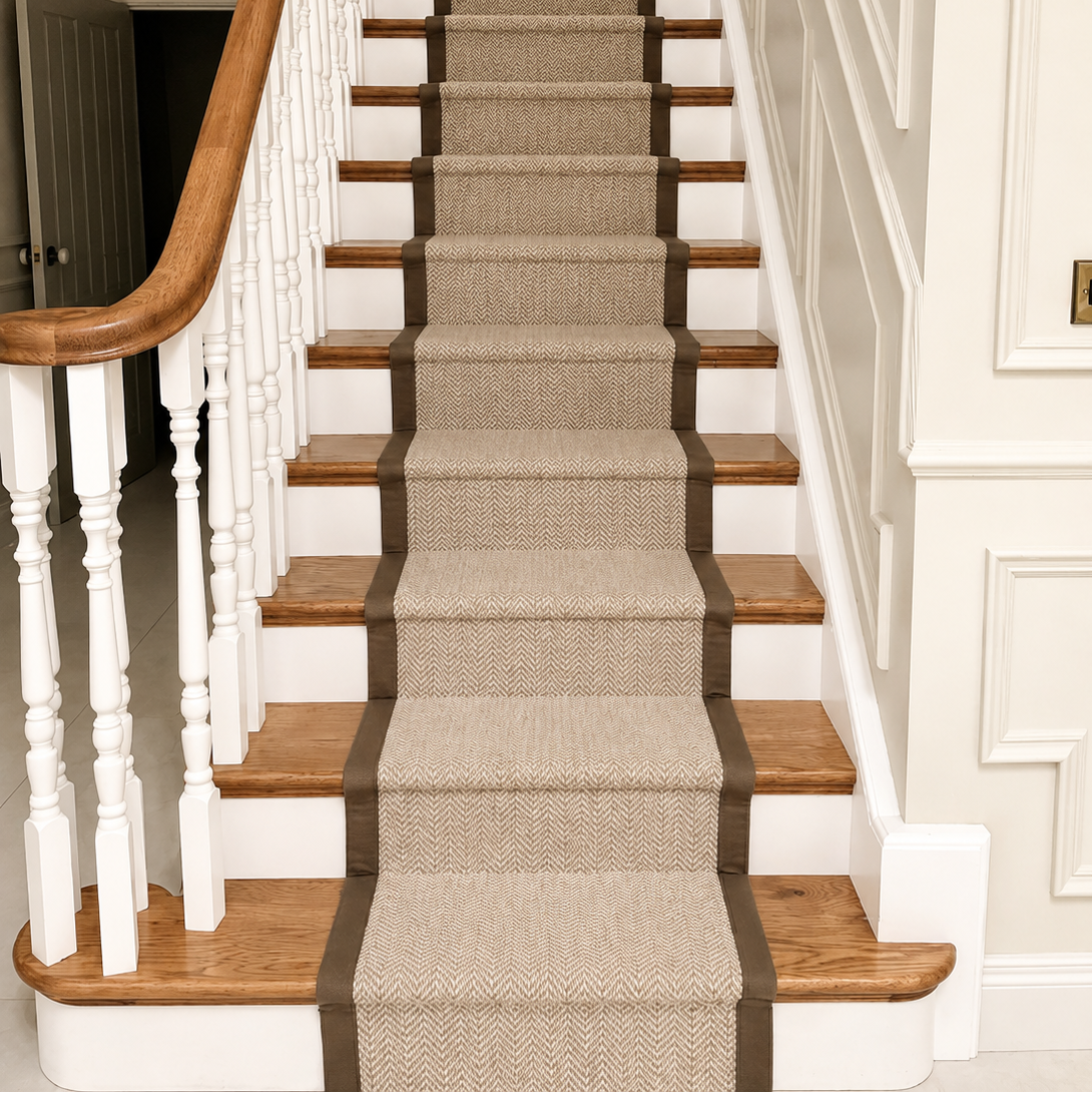 A beige and brown stair runner carpet installed on a wooden staircase with white balusters and white walls.