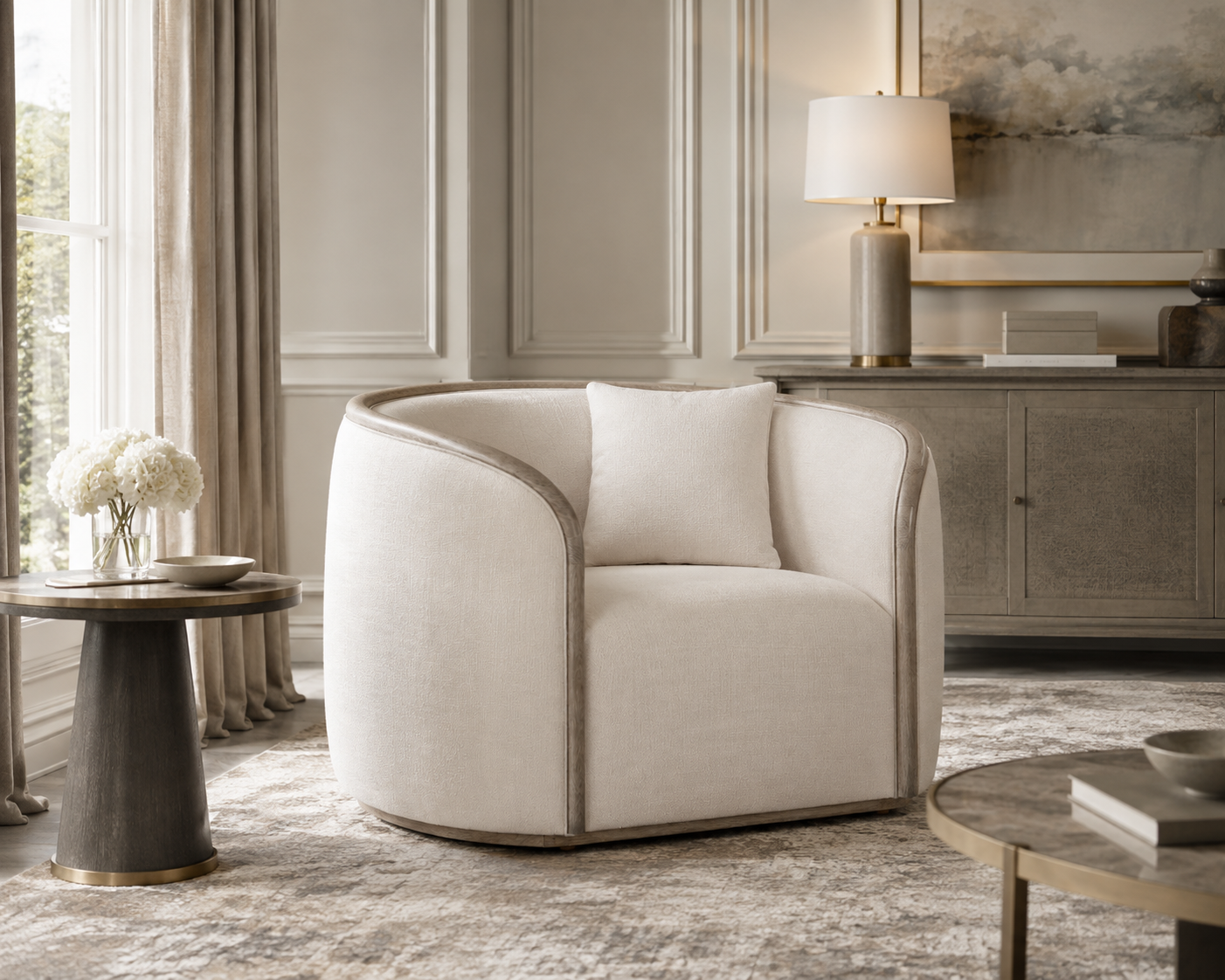 Theodore Alexander Repose Club Chair in Grey Oak styled in a luxury living room