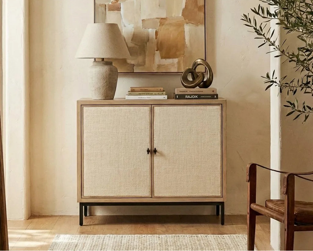 Tranquillity two door sideboard in oak veneer with textured panels
