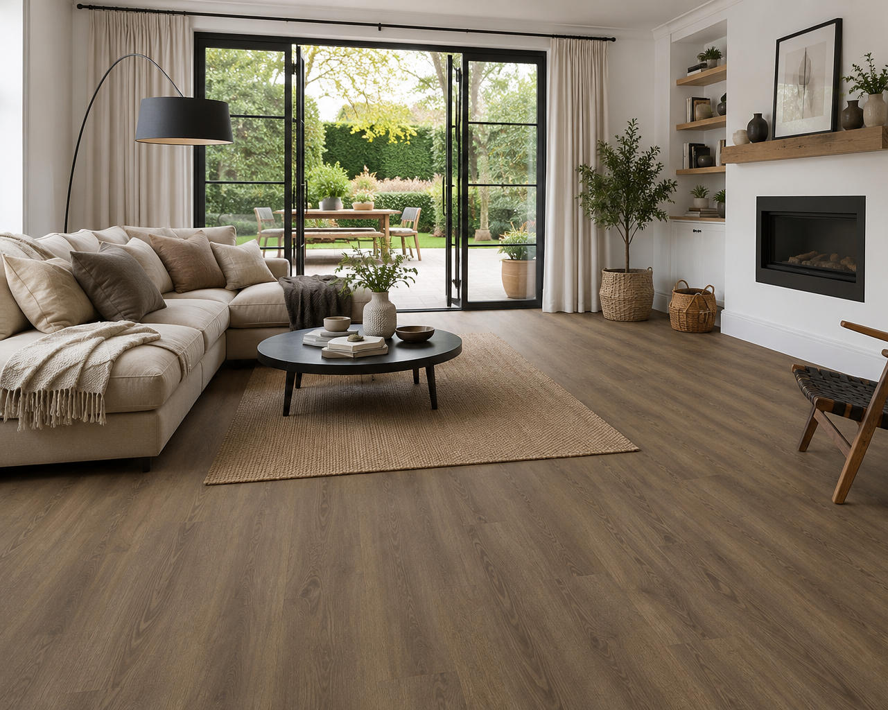 A modern living room with light brown wood-look laminate or vinyl plank flooring, featuring a beige sectional sofa, a black coffee table, a wooden chair, and a fireplace.