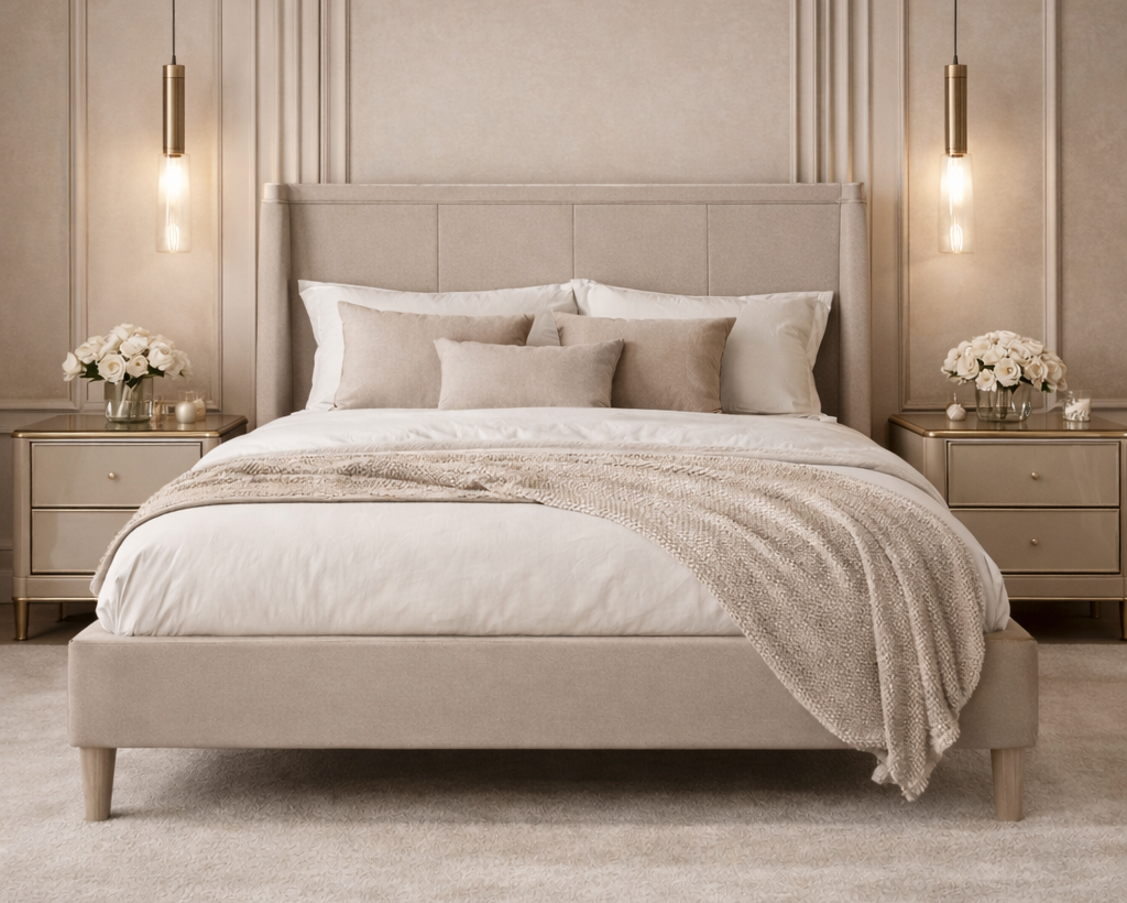 Beige upholstered bed with matching nightstands and wall sconces in a bedroom setting.